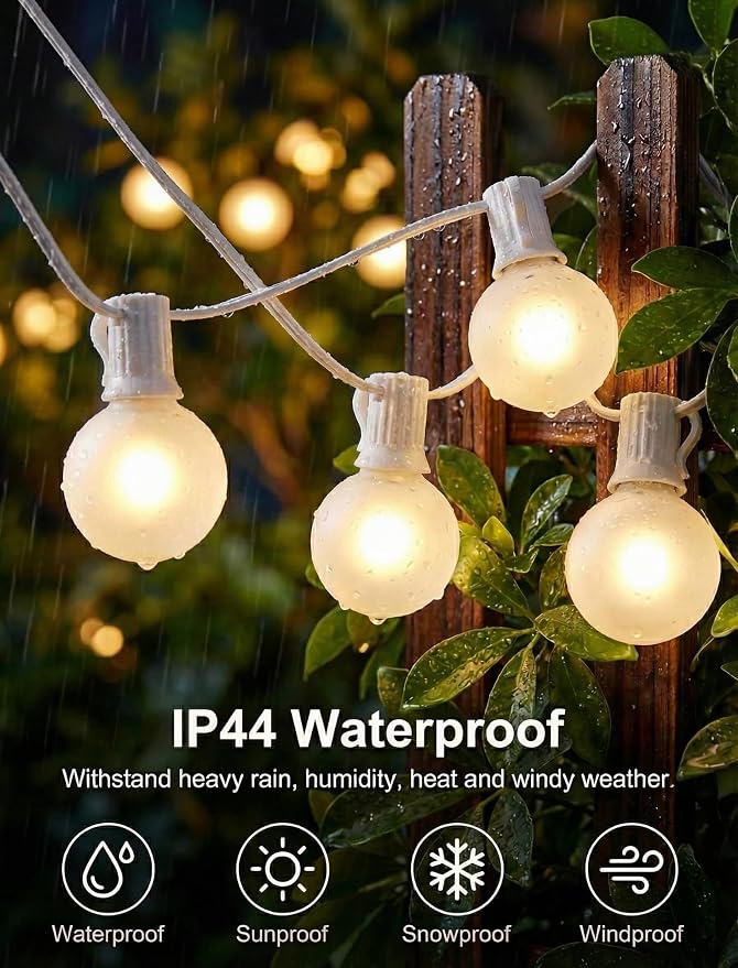 25FT Outdoor Frosted String Lights, 25 G40 Bulbs, White Wire | 5W Glass Incandescent Bulbs, IP44 Weatherproof, E12 Bases, 2 Spares, End-To-End Connectable, for Weddings and Parties