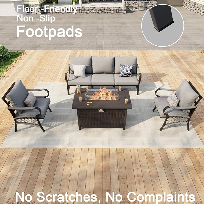 4 Pieces Patio Furniture Set, Metal Outdoor Conversation Sets with Fire Pit Table for Backyard Garden Deck Porch Poolside (Thick Gray Cushions)