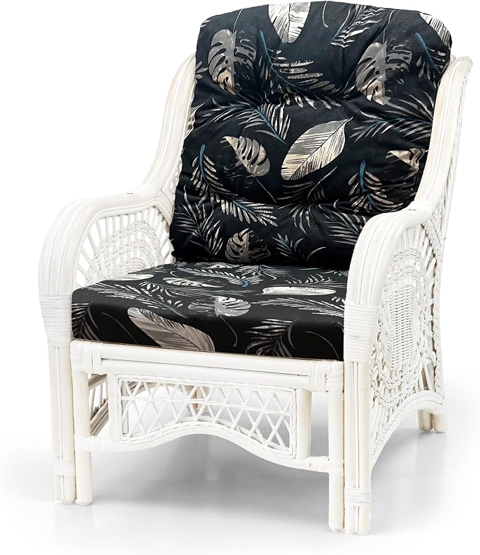Malibu Lounge Set of 4: 2 Natural Rattan Wicker Chairs, Three-Seater Sofa and Coffee Table with Glass Handmade, White Color with Black Leaf Cushions