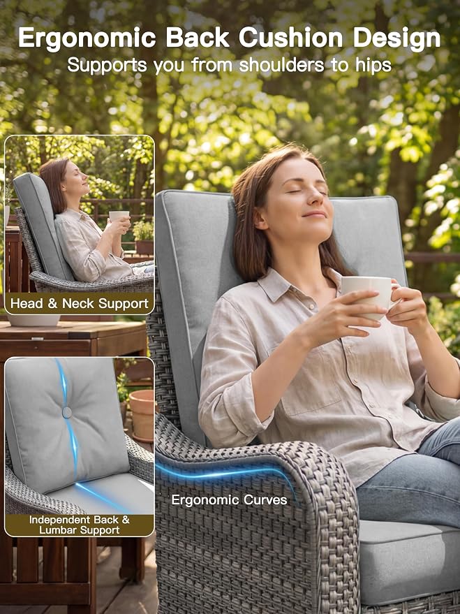 6-Piece Patio Furniture Set, Outdoor Swivel Rocking Chairs with 4" Thick Cushions & Side Table, All-Weather PE Rattan & Rust-Resistant Steel Frame Conversation Set for Porch, Garden, Backyard, Grey