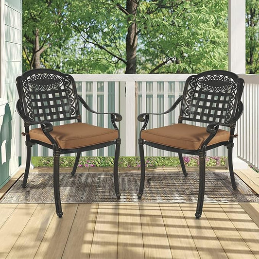 MEETWARM 2 Piece Patio Dining Chairs with Cushions, Outdoor All-Weather Cast Aluminum Chairs, Patio Bistro Dining Chair Set of 2 for Garden Deck Backyard, Dark Bronze