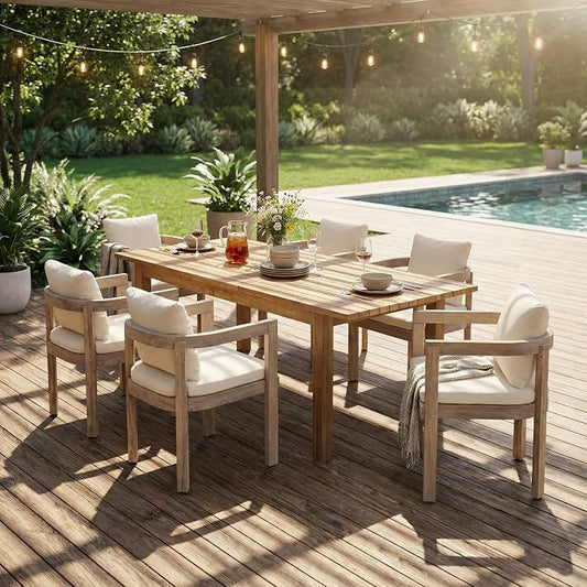 Christopher Knight Home Rosita Extendable Acacia Wood Outdoor Dining Set for 6, Expandable Patio Dining Table and Chairs Set of 6, Solid Wood Outdoor Dining Armchair and Table Set, Teak+Natural Washed