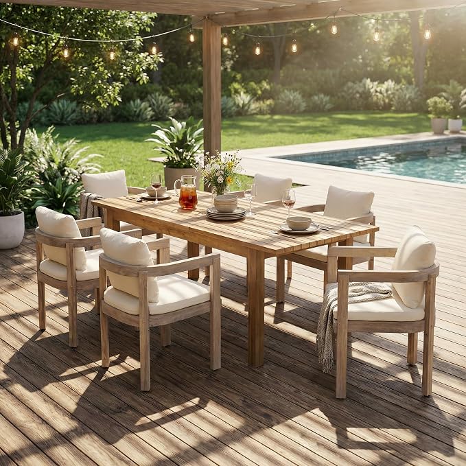 7-Piece Outdoor Patio Expandable Dining Table Set, All-Weather Acacia Wood Dinning Set with 6 Chairs and Cushions for Garden Backyard Balcony (Teak+Grey Chairs)