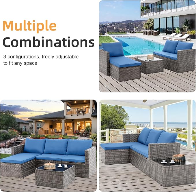 Shintenchi 4 Pieces Patio Furniture Set, 2-in-1 Convertible Sectional Sofa & Chaise Lounge, All-Weather Wicker Rattan Sofa Couch with Cushions & Coffee Table for Yard, Garden, Porch, Poolside (Blue)