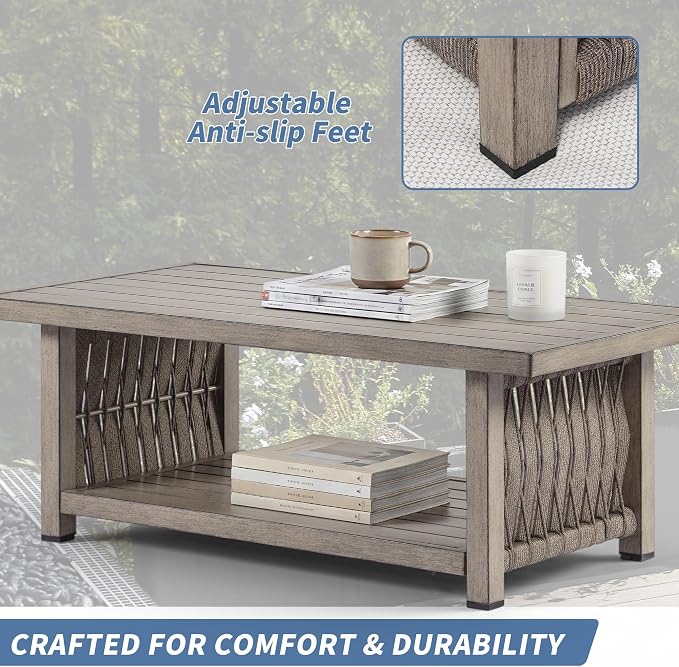 Outdoor Patio Coffee Table, 2-Tier Rectangle Outdoor Patio Table with Rope Weave, Modern Accent Table with Heavy-Duty Aluminum Frame, Patio Furniture Set for Garden Porch Yard Deck, Gray Oak
