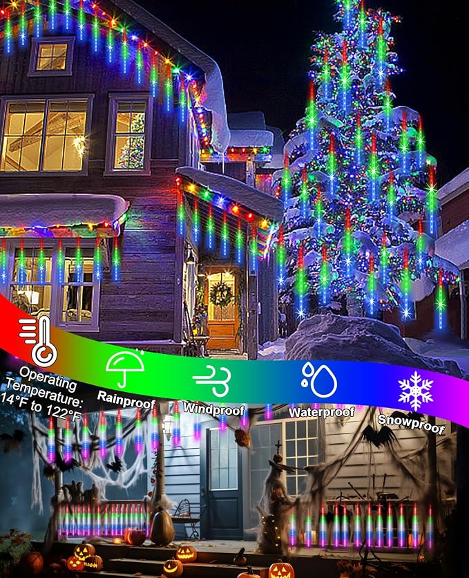 Christmas Rain Lights 12 Modes Automatic Changing 20" 20 Tubes | Waterproof Meteor Shower Light Cascading Rain Lights Outdoor Xmas Decor for House, Yard, Wedding, Party