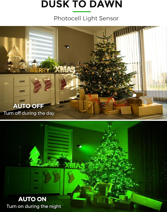 L LOHAS LED Green Outdoor Spotlight 5W Dusk to Dawn Landscape Light 2 Pack | Green Holiday Spotlights with Auto On/Off Function, Outdoor Tree Lighting for Christmas, Yard and Garden Decoration