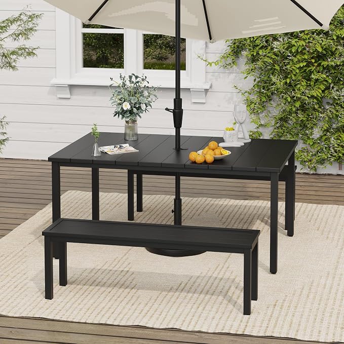 VICLLAX Outdoor Table for 6, Metal Patio Dining Table with Umbrella Hole for Garden Lawn Deck Backyard, Black Tabletop