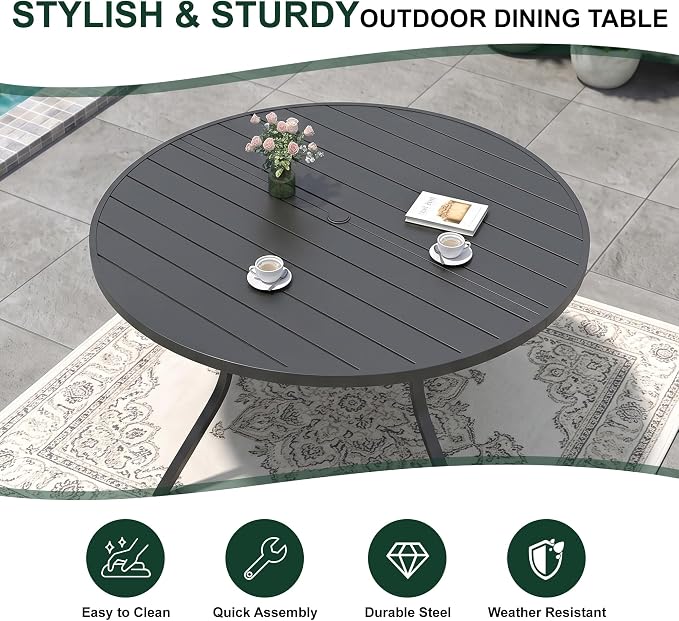 Anmutig 58" Outdoor Patio Round Dining Table, Large Metal Slatted Round Tabletop with Adjustable Umbrella Hole for Deck Lawn Garden Backyard Balcony Deck, Black