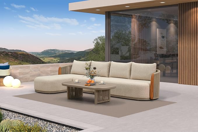 PURPLE LEAF Patio Furniture Set, 4-Piece L-Shaped Patio Conversation Sets with Chaise Lounge, Genuine Teak, Olefin Fabric & 9" Thick Backrest& Aluminum Rope Coffee Table - Outdoor Sectional Sofa