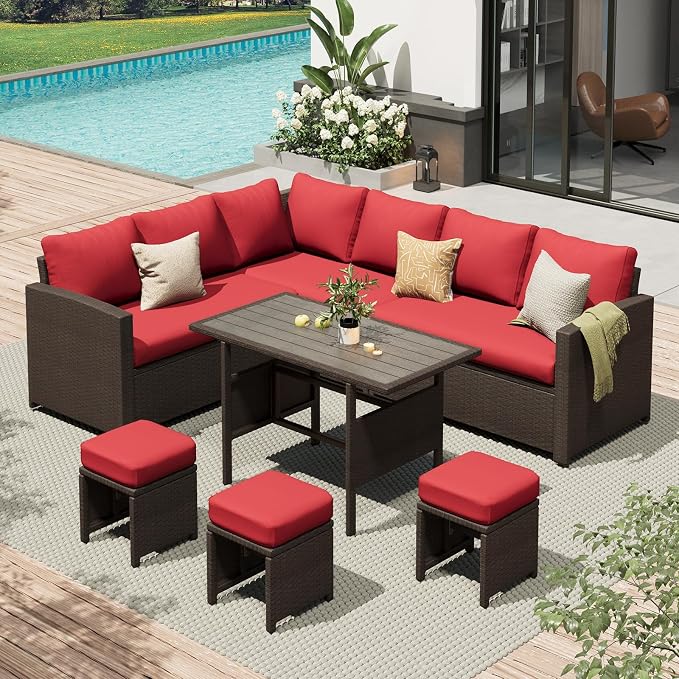 AECOJOY Outdoor Patio Furniture Set with Waterproof Cover, 7 Pieces Clearance Sectional Rattan Dining Table&Chairs, All Weather Wicker Conversation Sofa Couch, Red Cushions&Brown Rattan