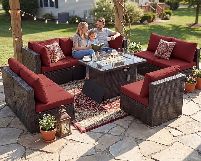 NICESOUL 9 Pcs Large Patio Furniture Set with Fire Pit Propane/Natural Gas, 29.3'' High Back Wicker Outdoor Sectional for 8 People, Modular Deep Sofa Conversation Sets, Brown Rattan and Red Cushion