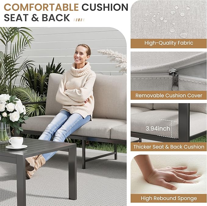6 Pieces Aluminum Outdoor Patio Furniture Set 6-Seat Deck Furniture Patio Conversation Sets All-Weather Rust-Proof Sectional Sofa Set with Removable Cushion for Balcony, Yard, Poolside