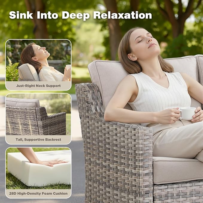 Belord Patio Wicker Swivel Rocker Patio Chairs with 3-Seater Sofa and Propane Fire Pit Table, Outdoor Furniture Set for Deck Porch Poolside, 8 Piece Patio Conversation Furniture Set,Beige