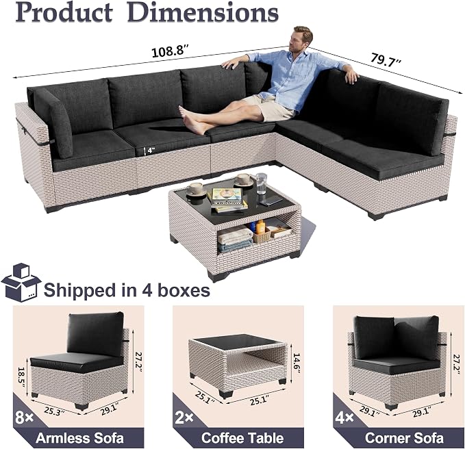 Patio Furniture Set, 14-Piece Outdoor Sectional Sofa with 2-Layer Glass Coffee Table, Wicker Patio Conversation Set with Black Cushions for Backyard, Poolside, Porch