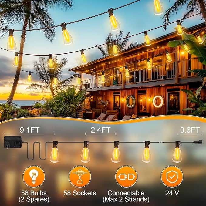 Outdoor String Led Patio Lights - 150Ft 45M Outside Waterproof Light With Remote Dimmable ST38 Shatterproof Bulb Connectable Hanging Outdoor Electric Lighting For Backyard Yard Gazebo Porch Party