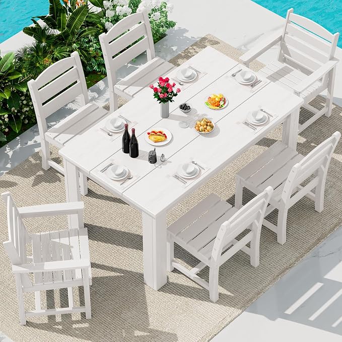 SERWALL 59" Patio Dining Set for 6, w/ 1 Table & 6 Chairs, White | Armless Patio Dining Sets for All Weather Use