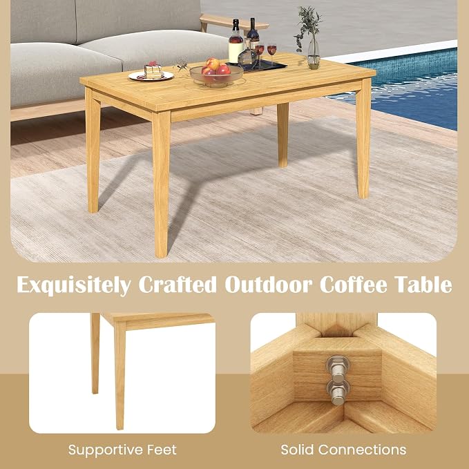 Tangkula Outdoor Teak Wood Coffee Table, Premium Solid Wood Patio Side Table w/Slatted Tabletop, Patio Furniture, 35.5" x20” Rectangular Tea Cocktail Table for Balcony, Lawn, Deck, Backyard, Poolside