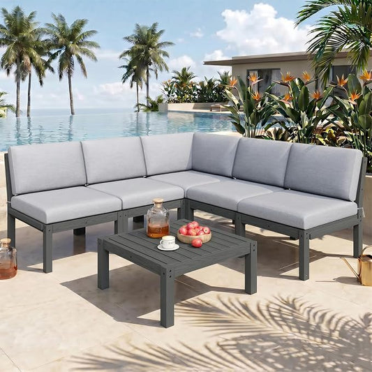 Modular Outdoor Patio Conversation Set, 6-Piece L-Shaped Sectional Sofa Set with Coffee Tables & Thick Cushions, Easy Side Interlock, HIPS All-Weather Patio Furniture Set for Backyard, Deck, Poolside