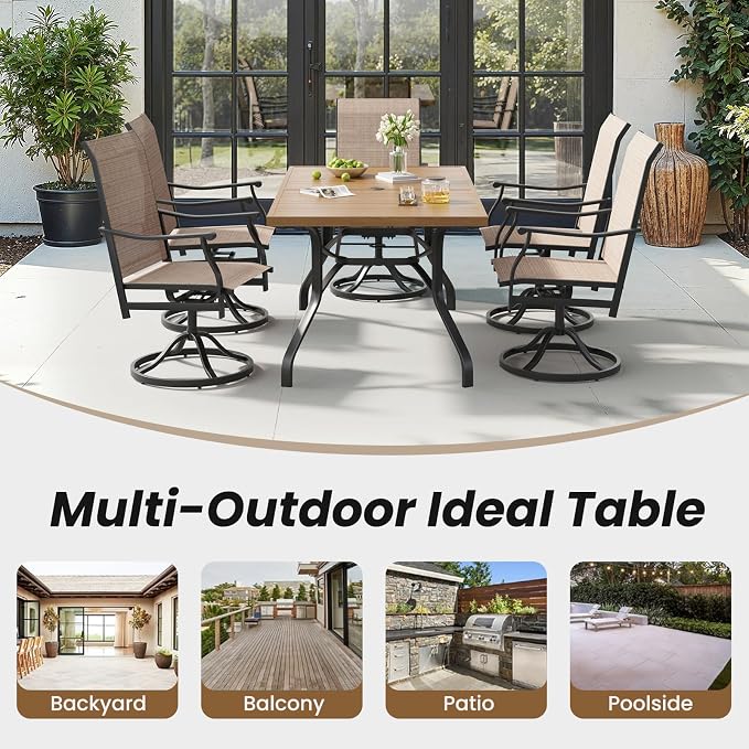 Soohow Outdoor Patio Table with 1.57" Umbrella Hole, 60"x35" Outdoor Dining Table Wood-Like Texture, All-Weather Metal Frame Patio Dining Tables for Poolside, Deck, Proch