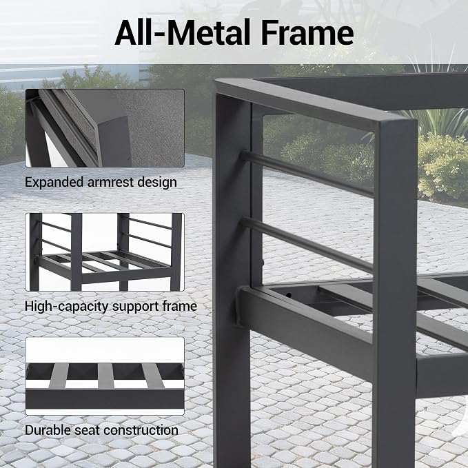 4-Piece All-Weather Metal Patio Furniture Set, Sectional Conversation Sofa w/Coffee Table, Heavy Duty Steel Frame & Washable Cushions for Backyard Garden (Grey, Armchair)