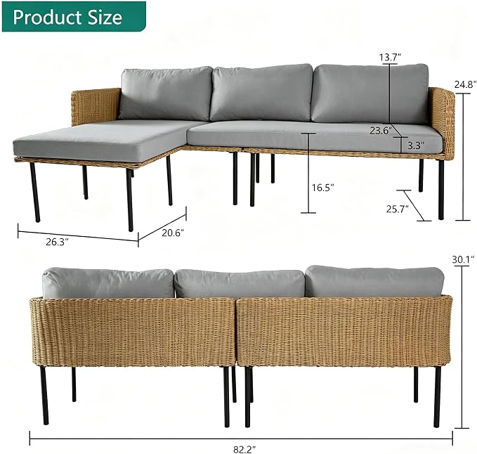 DECMICO 3-Piece Patio Furniture Set, L-Shaped Outdoor Sectional Sofa with Thick Cushions, All-Weather Rattan Conversation Set, Boho Style Detachable 3-Seater Lounger (Charcoal Grey)