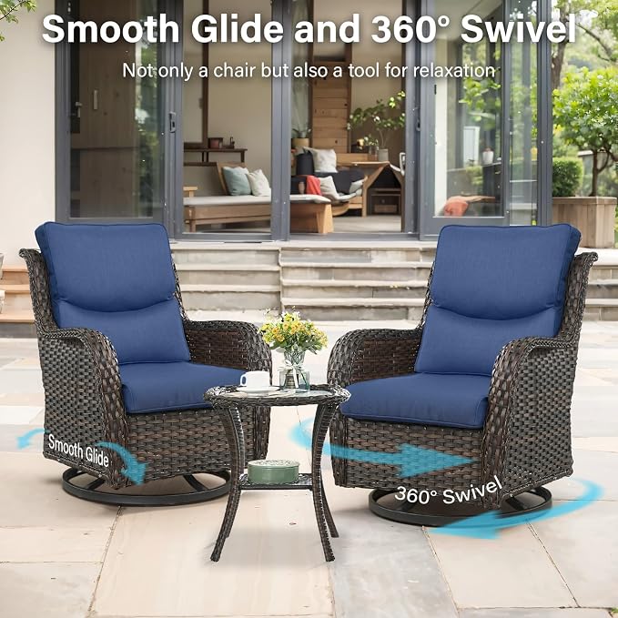 Outdoor Swivel Rocker Patio Chairs Set of 5 with Loveseat - 5" Thick Cushion 5 Piece Furniture Set with Sofa All Weather Wicker Conversation Set for Porch Deck - Brown Wicker | Blue Cushions