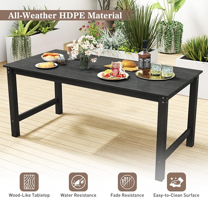 Tangkula HDPE Outdoor Dining Table for 6 Person, 67” Patio Table with Wood-Like Tabletop and Umbrella Hole, Weather-Resistant Rectangle Table for Garden, Backyard and Poolside (Black, 1 Table)