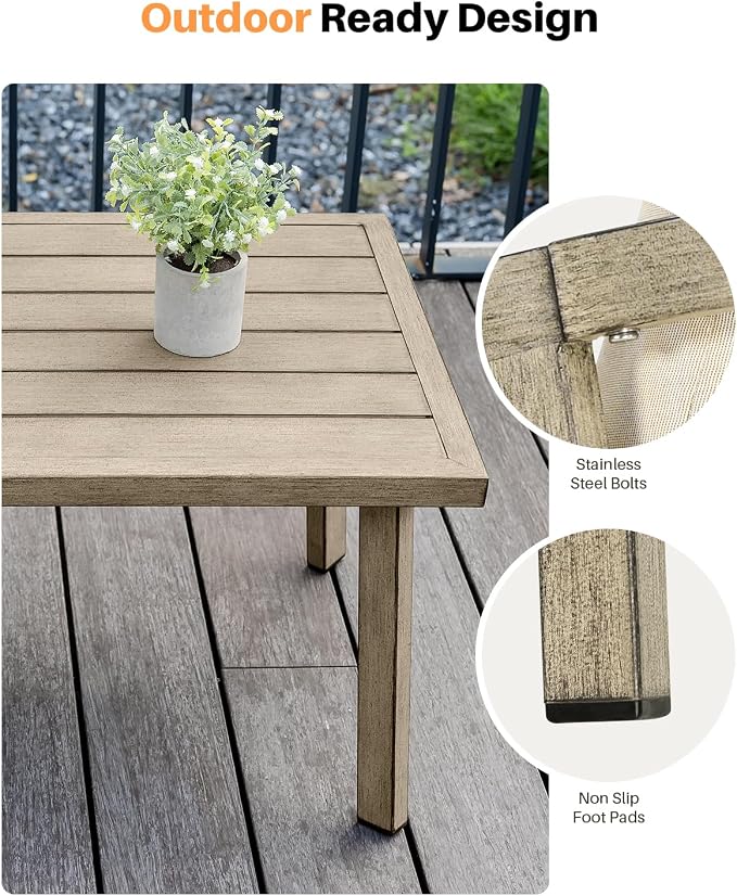 Patio Coffee Table, Never-Rust Aluminum Outdoor Coffee Table with Wood Grain Texture, Modern Rectangle Garden Coffee Table with Slatted Tabletop for Poolside, Decks, Indoor, Balcony, Gray Oak