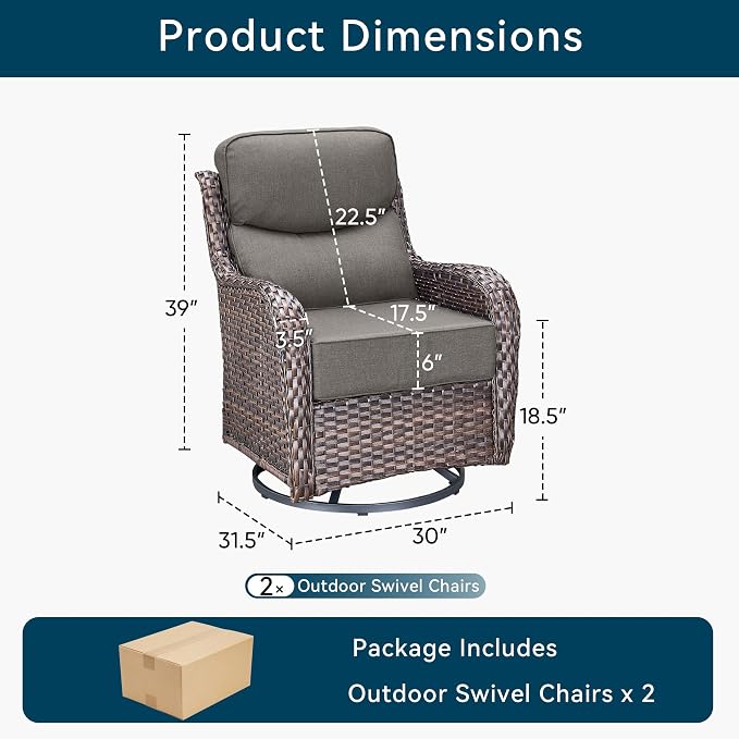 Luxury Wicker Patio Furniture Set-High Back Outdoor Swivel Chairs Set of 2 with 6" Thick Cushions Wide Armrest All Weather Patio Conversation Sets for Deck Porch Balcony(Brown/Grey)