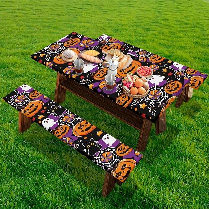 Halloween Picnic Table Bench Tablecloth Covers 3PCS Fitted Picnic Table Cover with Elastic Edges, Waterproof Table and Bench Cloths for Summer Outdoor Camping