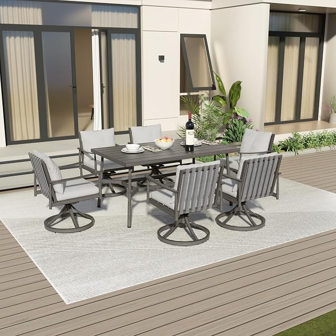 7-Piece Outdoor Dining Set for 6, Aluminum Dining Set with Cushions, 6 Swivel Chairs with Rope Backrest, Large Rectangular Table with Umbrella Hole, Patio Dining Set for Lawn Porch Yard,Grey