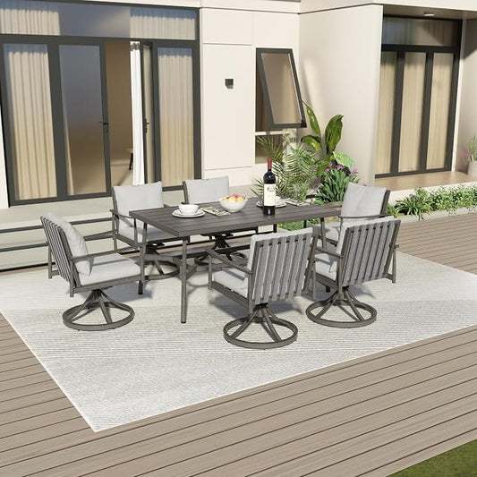 7-Piece Outdoor Dining Set for 6, Aluminum Dining Set with Cushions, 6 Swivel Chairs with Rope Backrest, Large Rectangular Table with Umbrella Hole, Patio Dining Set for Lawn Porch Yard,Grey