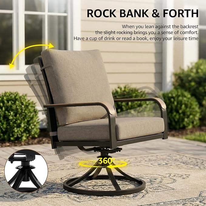 NATURAL EXPRESSIONS 5 Piece Outdoor Patio Dining Sets, 4pcs Swivel Dining Chairs & Square Woodgrain Dining Table with 1.65”Umbrella Hole for Lawn, Garden, Deck, Backyard and Porch