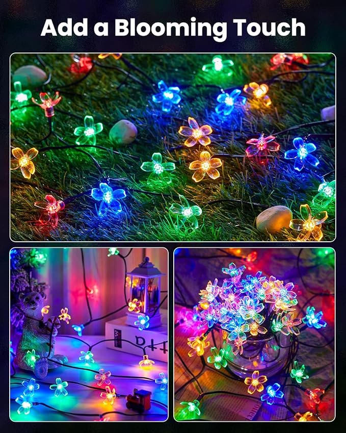 Brightown 60 LED Flower Solar String Lights Outdoor Waterproof Fairy Lights | 8 Lighting Modes & Waterproof Outdoor Lights for Garden Yard Fence Patio Christmas Tree Wedding Party Decor, Multicolor