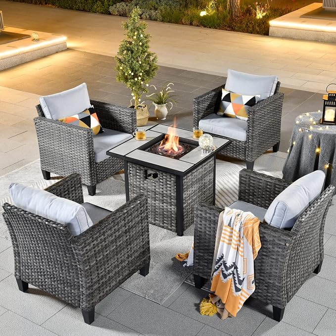 ovios 5 Pieces Patio Furniture Set, Outdoor Wicker Rattan Chairs of 4 with 30" Fire Pit Table, High Back Chair Conversation Sets for Porch Deck Garden, Grey