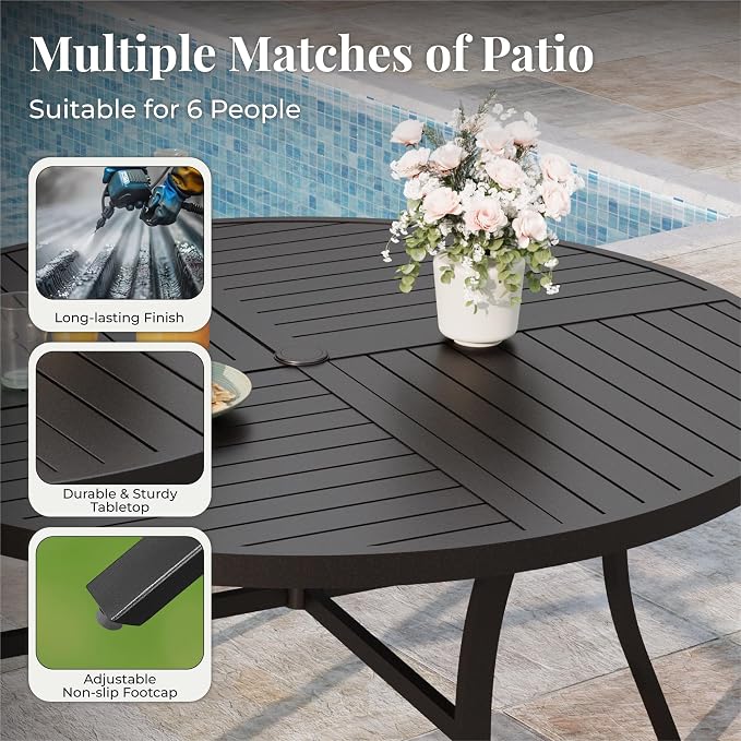 MIXPATIO 7 Pieces Outdoor Table and Chairs, Patio Dining Set for 6 Includes 54" Round Outdoor Table and 6 Patio Chair Set, Outdoor Dining Furniture Set for Lawn Backyard Deck, Red