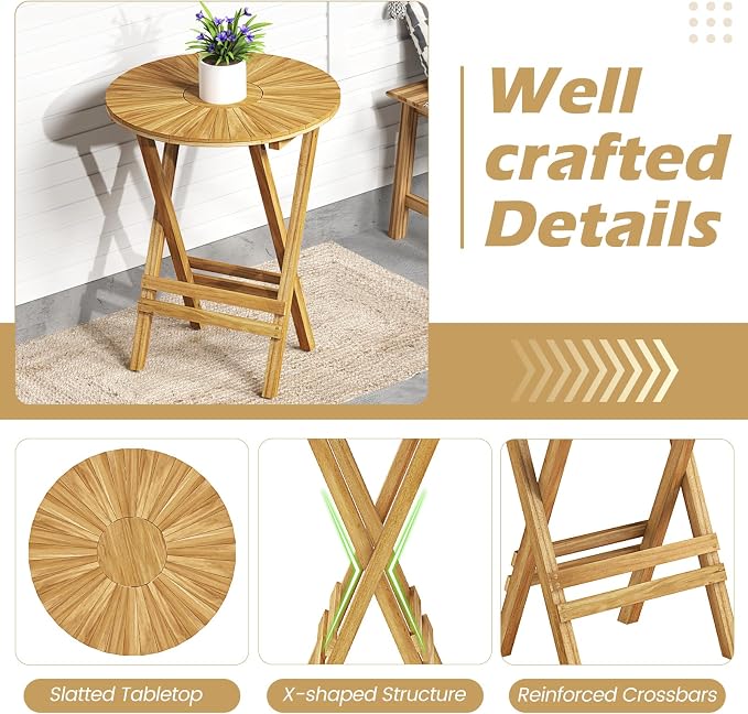 Tangkula Patio Folding Side Table, 23.5" Teak Wood Round End Table with Slatted Tabletop & X-Shaped Frame, Portable & Compact Bistro Table for Backyard, Poolside, Garden, Fully Assembled, Natural