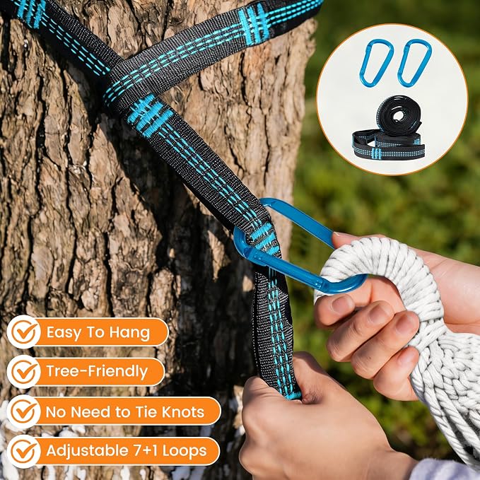 Lazy Daze Hammocks Cotton Fabric Double Hammock with 55" Spreader Bar, Portable Camping Hammock with Carrying Bag & Tree Straps for Patio, Backyard, Balcony, 450lbs Capacity, Blue
