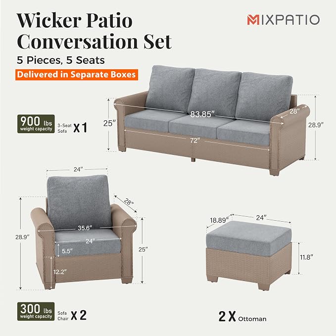 MIXPATIO Patio Furniture Set 5 pcs, Wicker Outdoor Patio Furniture, 3-Seat Sofa, 2 Single Chairs and 2 Ottomans, Rattan Patio Conversation Set for Backyard Deck, Grey