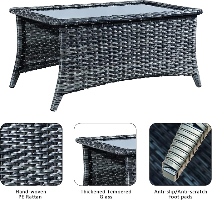 Patio Table Outdoor Coffee Tables - Rattan Wicker Coffee Table with Glass Top and 2-Tier Storage Shelf Rectangle for Outdoor Patio Porch Deck Balcony Garden(Mixed Grey/Glass Top)