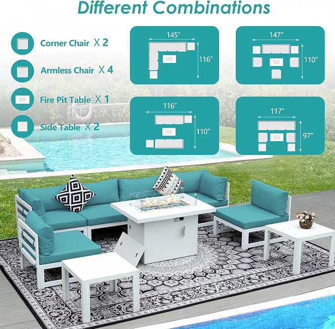 RADIATA 9 Piece Large Modern Aluminum Outdoor Patio Furniture Set with Fire Pit Table Propane/Gas, 29 inch Wide Deep Seat, Anti-Rust Comfy Sectional Sofa, 500 lbs Sturdy Conversation Set, Turquoise