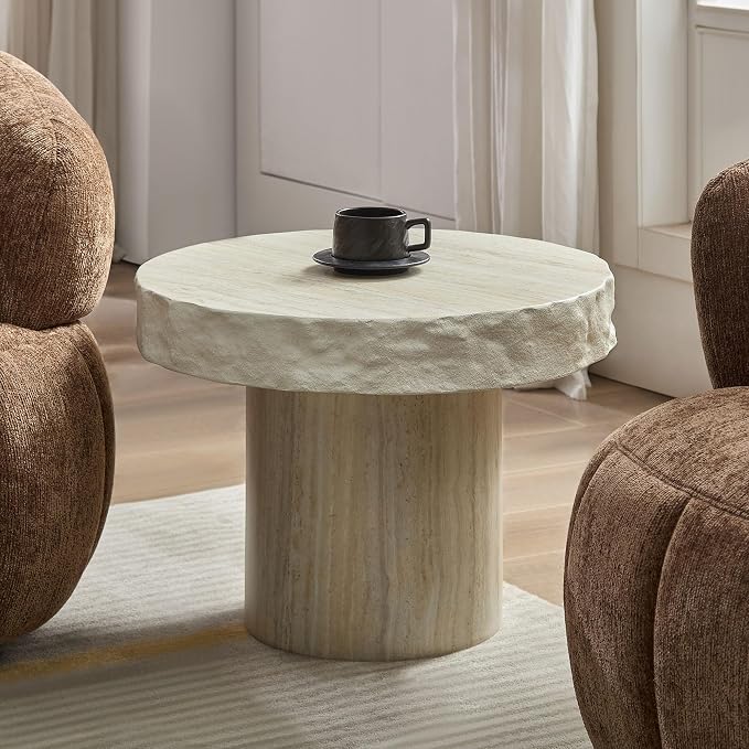 Faux Stone Side Table Faux Marble Round End Table Patio Small Drink Table for Small Spaces, Mrushroom Side Tables with Pedestal, Modern Nightstand for Living Room Bedroom Corners Office,Beige