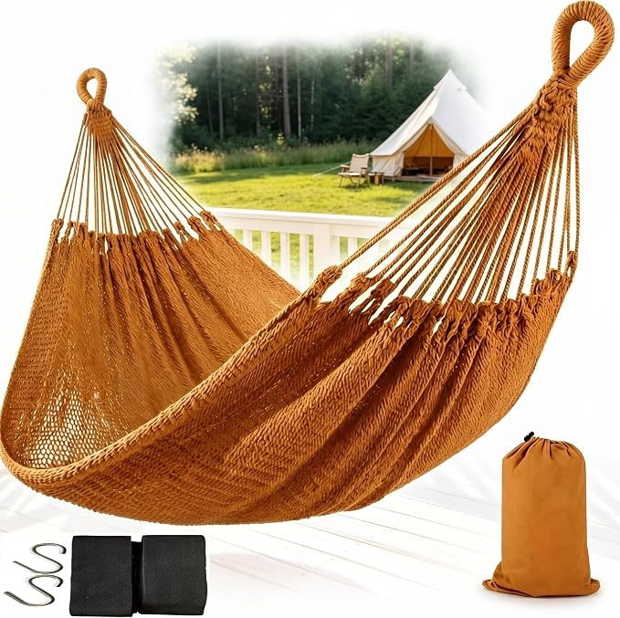 Mayan Style Handwoven Hammock with Carry Bag, 2 Person Cotton Nylon Rope Hammock, 500 lb Capacity for Camping, Backyard, Patio, Porch, Indoor Outdoor Use