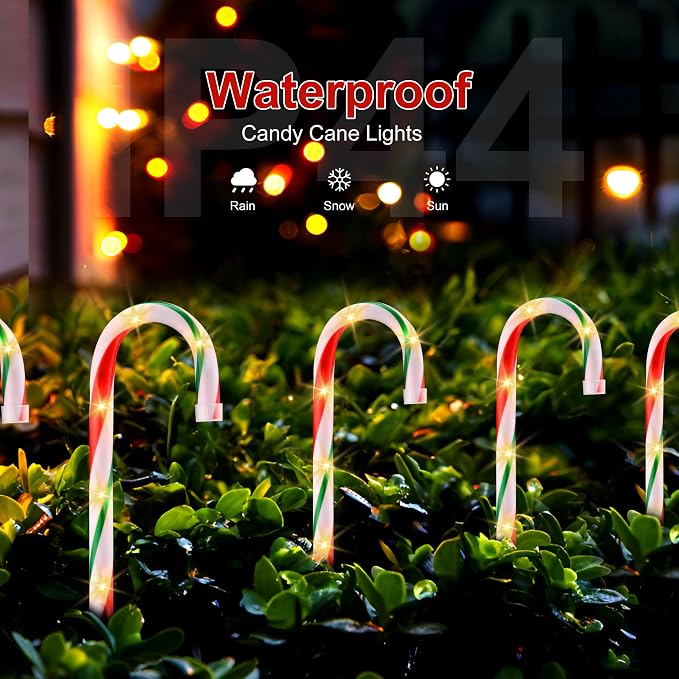 VCOKEN 10'' Christmas Candy Cane Lights Outdoor Pathway, Set of 10 Christmas Candy Cane Markers Waterproof, Light Up Xmas Decoration with Stakes for Holiday Party Yard Art Indoor Outdoor