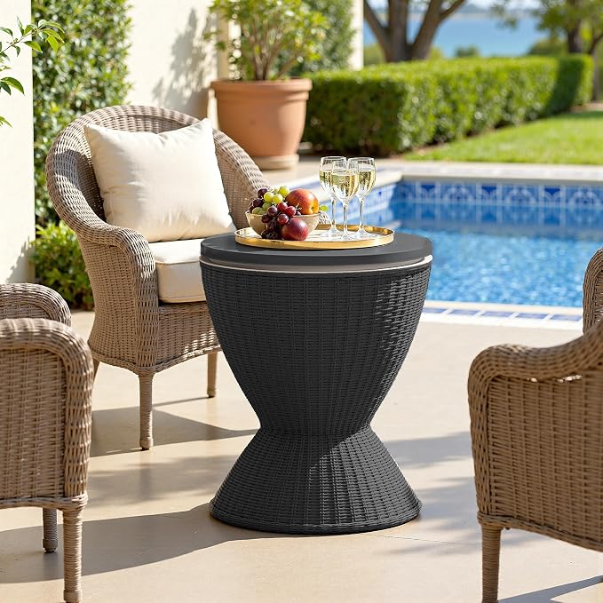 ROJIK 3-in-1 Resin Ice Bucket & Beverage Cooler – Wood Look Patio Table, UV Protection & Drain Plug for Outdoor Parties, Bars, and Poolside Use