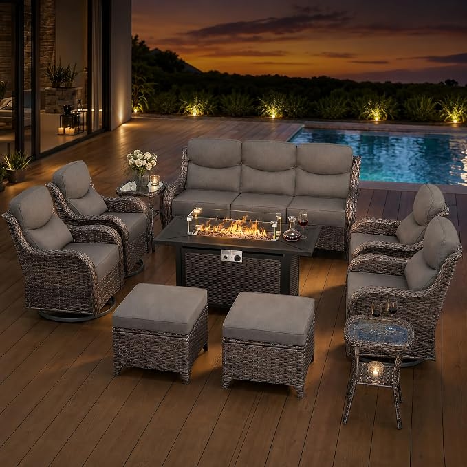 HUMMUH 10-Piece Wicker Patio Furniture Set with Fire Pit | 360-degree swivel chairs, 6-inch cushions, all-weather PE wicker, olefin fabric, 50000 BTU fire pit