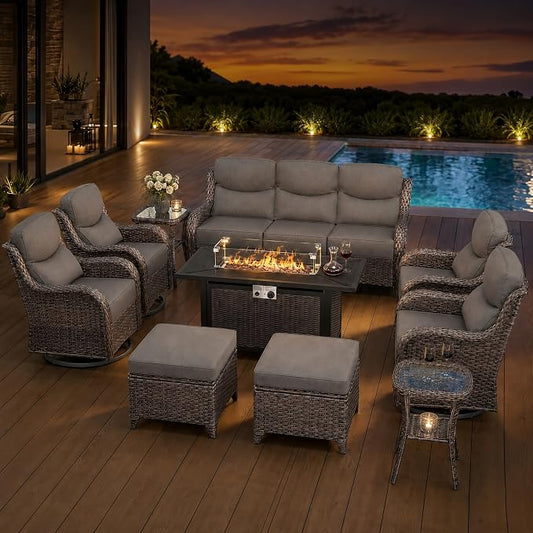 HUMMUH 10-Piece Wicker Patio Furniture Set with Fire Pit | 360-degree swivel chairs, 6-inch cushions, all-weather PE wicker, olefin fabric, 50000 BTU fire pit
