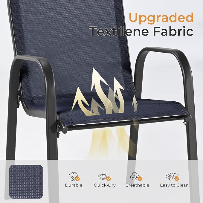 HAPPATIO Outdoor Patio Dining Set, 8 Quick Dry Textilene Dining Chairs and Dining Table with Umbrella Hole, Stackable Textilene Chairs for Garden, Patio and Poolside Backyard, Blue