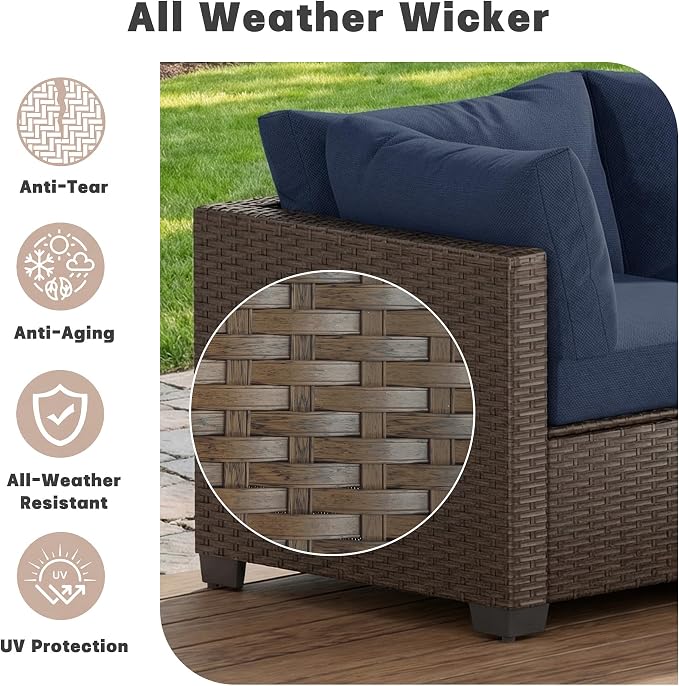Patio Furniture Set, 7-Piece Outdoor Sectional Couch with Coffee Table & Thick Cushions, Outdoor Wicker Conversation Set for Backyard, Poolside, Garden (Brown-Navy, 7 Piece-Single)